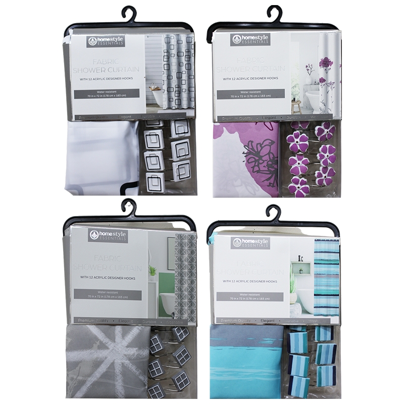 POLYESTER SHOWER CURTAIN W HOOKS- 12