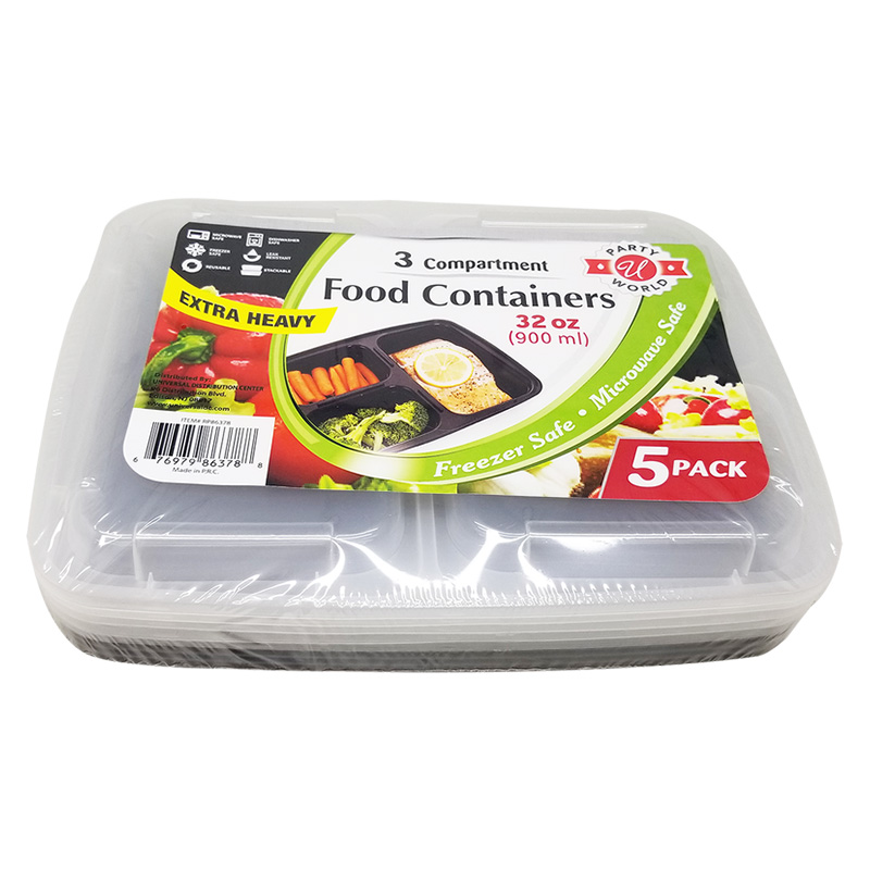 5PK B&W 3 PORTION RECT CONTAINER 32OZ-24
